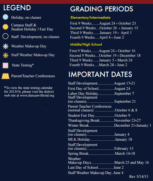 District School Academic Calendar Key for P A C E School
