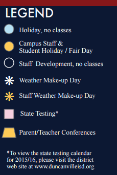 District School Academic Calendar Legend for P A C E School