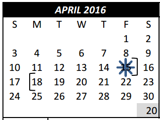 District School Academic Calendar for Saginaw Elementary for April 2016