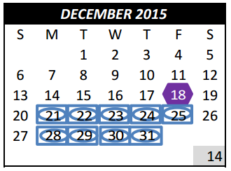 District School Academic Calendar for Tarrant Co J J A E P for December 2015