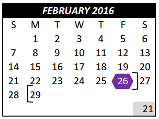 District School Academic Calendar for Weldon Hafley Development Center for February 2016