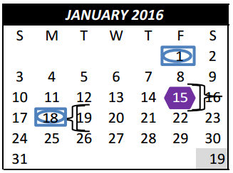 District School Academic Calendar for Weldon Hafley Development Center for January 2016