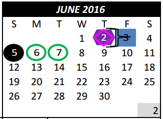 District School Academic Calendar for L A Gililland Elementary for June 2016