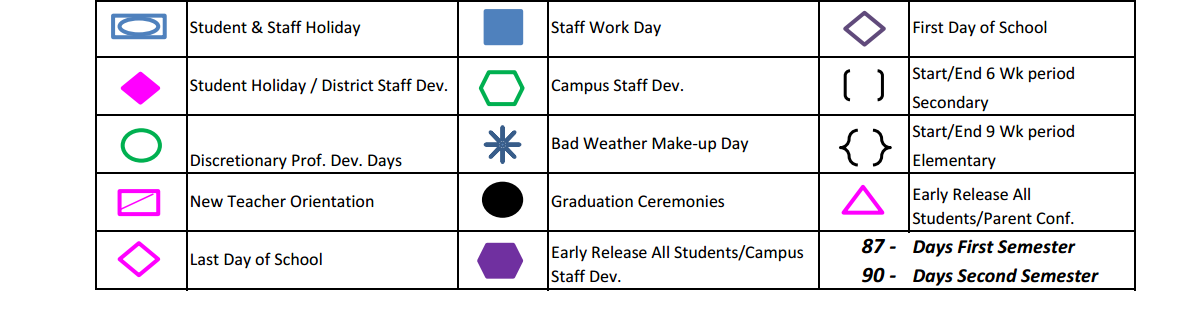 District School Academic Calendar Key for Saginaw Elementary