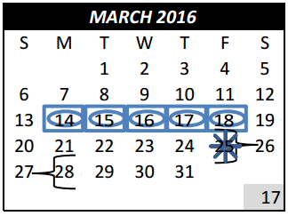District School Academic Calendar for Weldon Hafley Development Center for March 2016