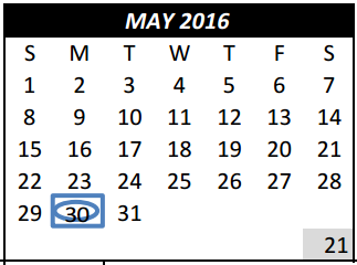 District School Academic Calendar for Weldon Hafley Development Center for May 2016