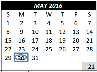 District School Academic Calendar for L A Gililland Elementary for May 2016