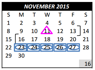 District School Academic Calendar for Tarrant Co J J A E P for November 2015