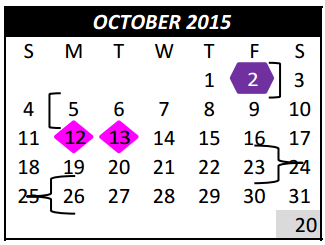 District School Academic Calendar for Weldon Hafley Development Center for October 2015