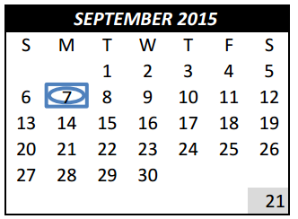 District School Academic Calendar for Weldon Hafley Development Center for September 2015