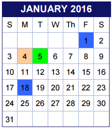 District School Academic Calendar for Cedar Creek Elementary for January 2016