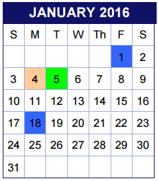 District School Academic Calendar for Travis Co J J A E P for January 2016