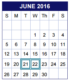 District School Academic Calendar for Valley View Elementary for June 2016