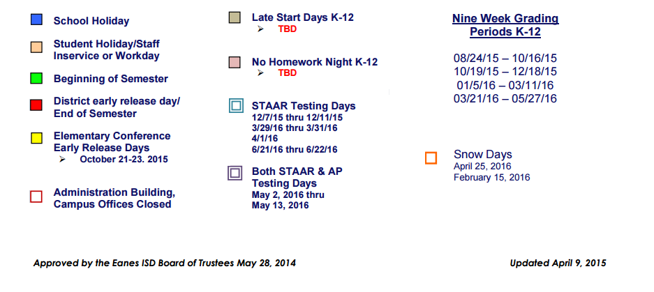 District School Academic Calendar Key for Eanes Elementary