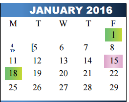 District School Academic Calendar for Kohlberg Elementary for January 2016