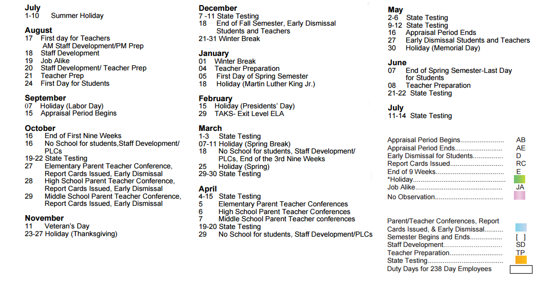 District School Academic Calendar Key for Travis Elementary