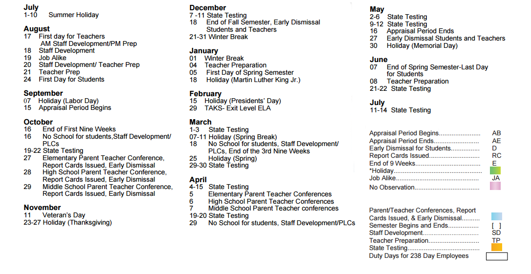 District School Academic Calendar Key for Bowie High School