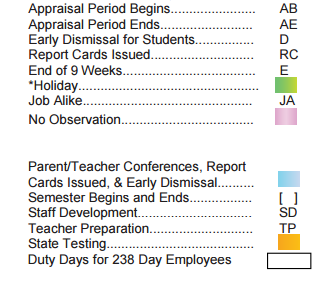 District School Academic Calendar Legend for Travis Elementary