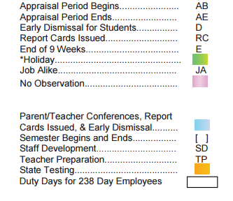 District School Academic Calendar Legend for Andress High School