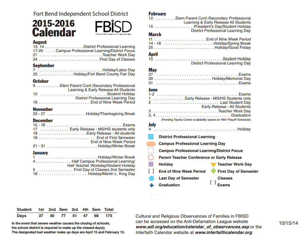 District School Academic Calendar Key for Highlands Elementary