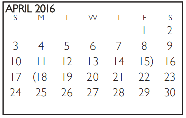 District School Academic Calendar for Westcreek Elementary for April 2016