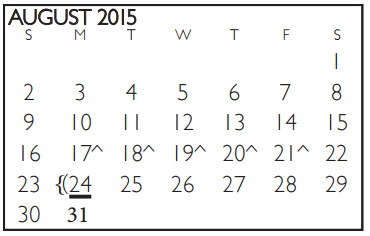 District School Academic Calendar for Forest Oak Middle for August 2015