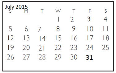 District School Academic Calendar for Assessment Ctr for July 2015