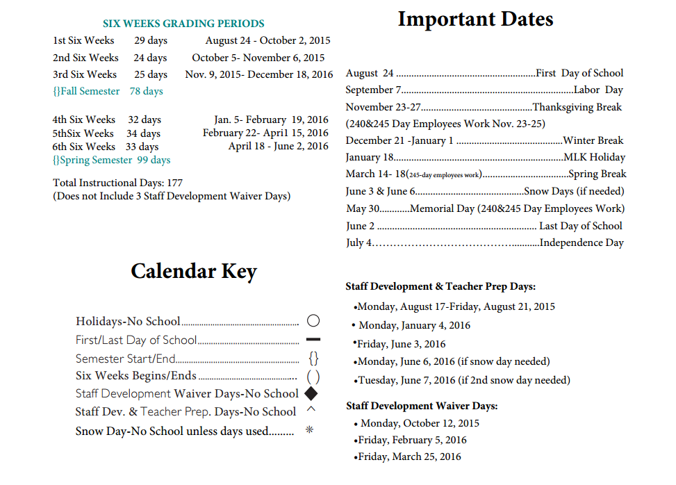 District School Academic Calendar Key for Oakhurst Elementary