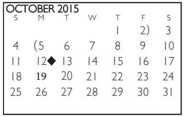 District School Academic Calendar for Assessment Ctr for October 2015