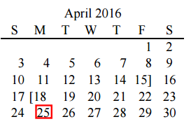 District School Academic Calendar for Acker Special Programs Center for April 2016