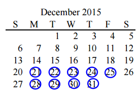 District School Academic Calendar for Taylor Elementary for December 2015