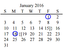 District School Academic Calendar for Taylor Elementary for January 2016