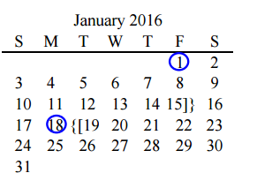 District School Academic Calendar for Pink Elementary for January 2016