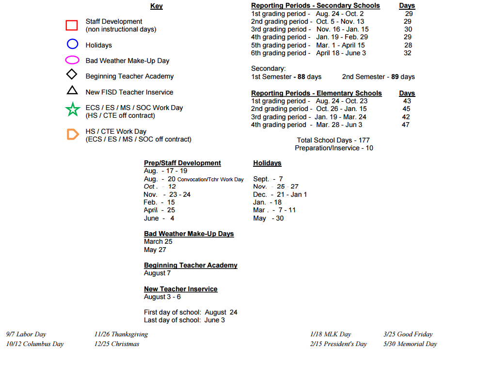 District School Academic Calendar Key for Mooneyham Elementary