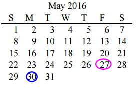 District School Academic Calendar for Pink Elementary for May 2016