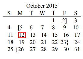District School Academic Calendar for Acker Special Programs Center for October 2015