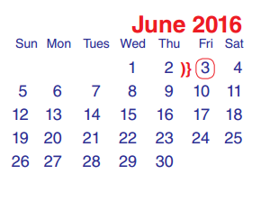 District School Academic Calendar for North Shore Senior High for June 2016