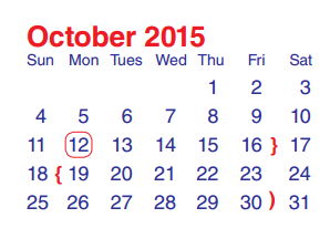 District School Academic Calendar for North Shore Senior High for October 2015
