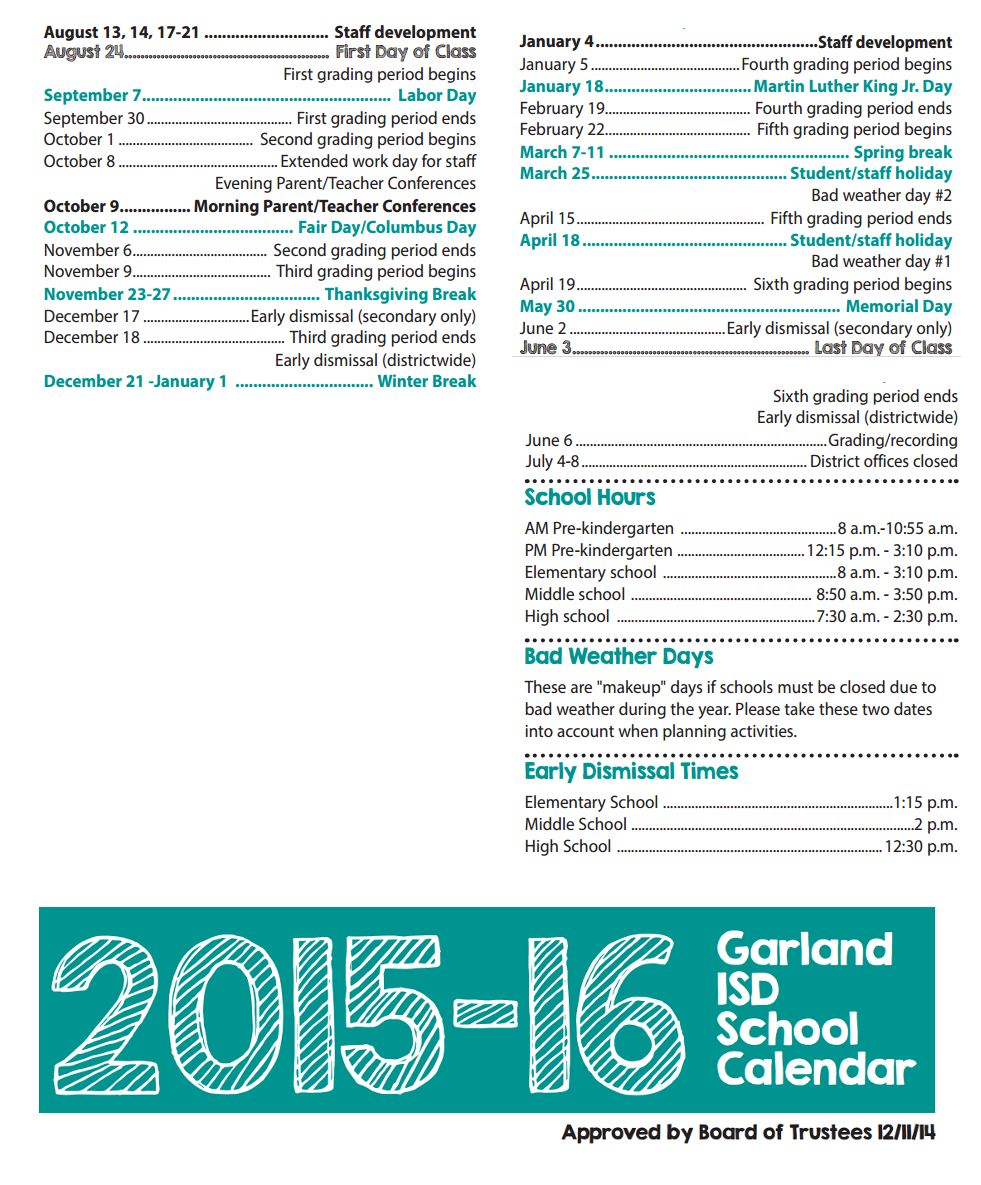 District School Academic Calendar Key for N Garland High School