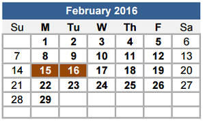 District School Academic Calendar for Georgetown Alter Prog for February 2016