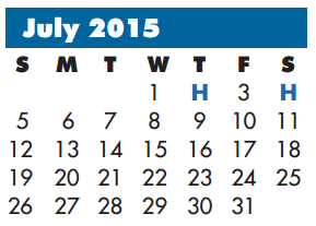 District School Academic Calendar for P A S S Learning Ctr for July 2015