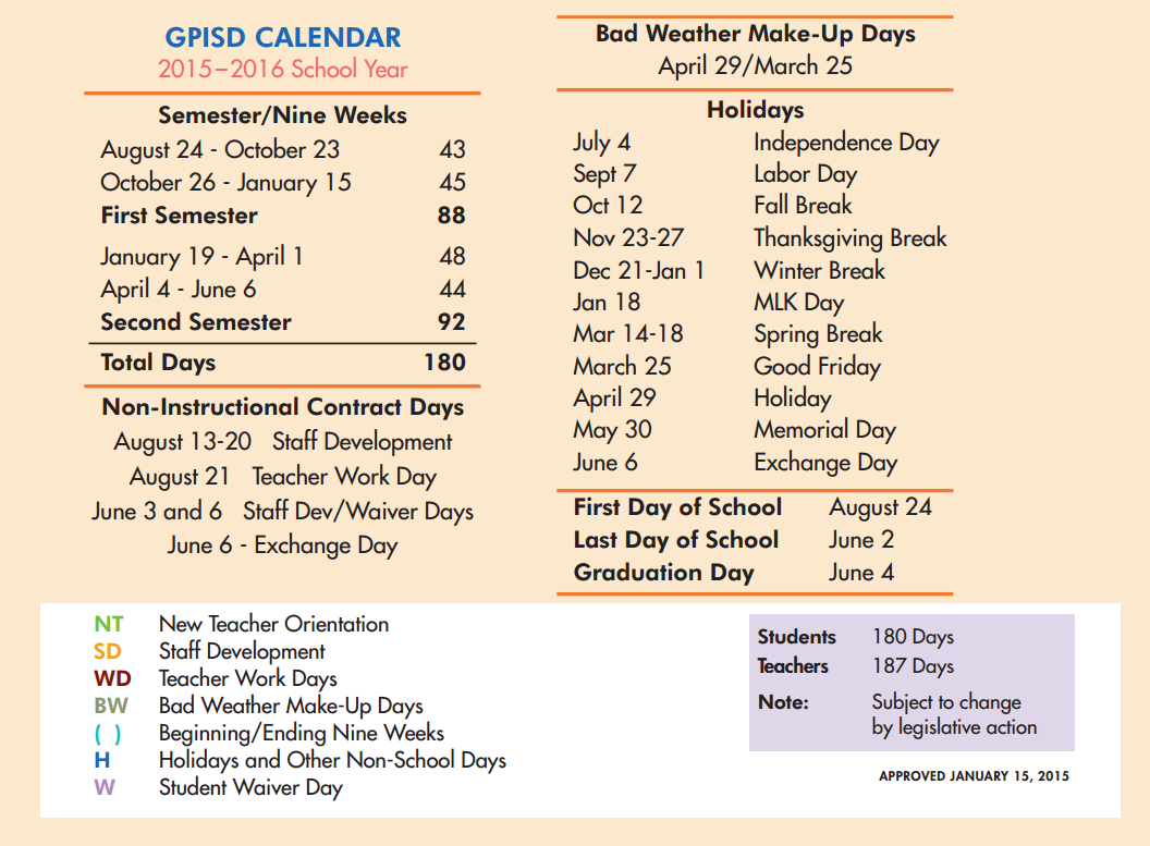 District School Academic Calendar Key for Lamar Alternative Education Program