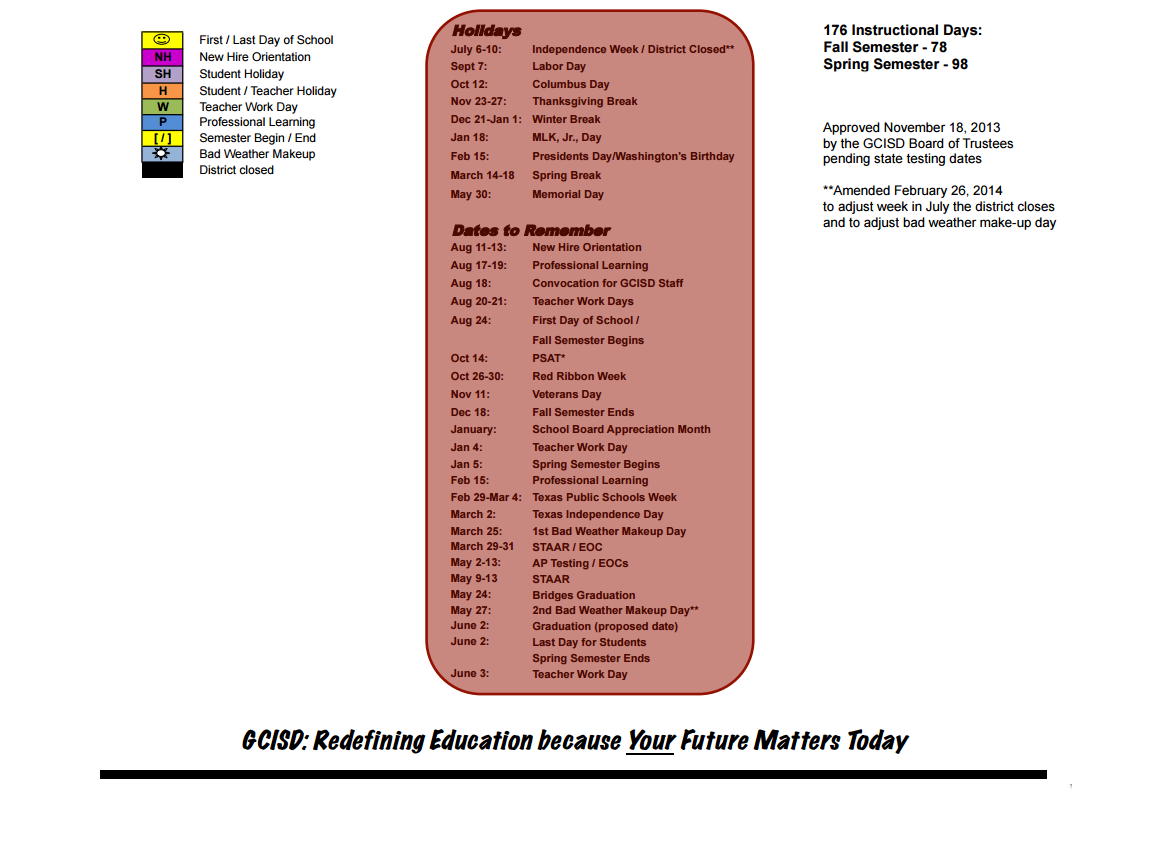 District School Academic Calendar Key for Grapevine Middle