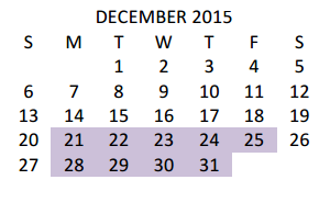 District School Academic Calendar for Cameron Co J J A E P for December 2015