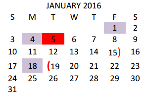 District School Academic Calendar for Ben Milam Elementary for January 2016