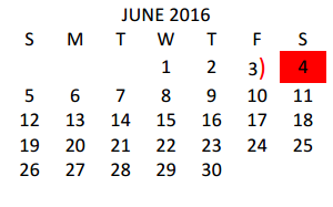 District School Academic Calendar for Jefferson Elementary for June 2016