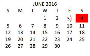 District School Academic Calendar for Ben Milam Elementary for June 2016