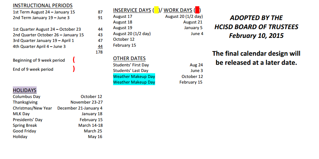 District School Academic Calendar Key for Lamar Elementary