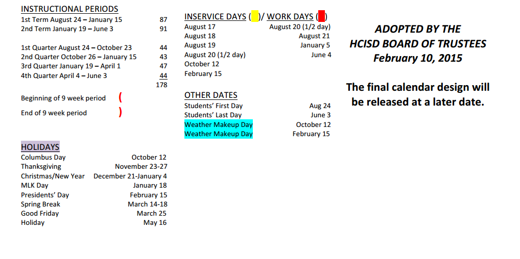 District School Academic Calendar Key for Houston Elementary