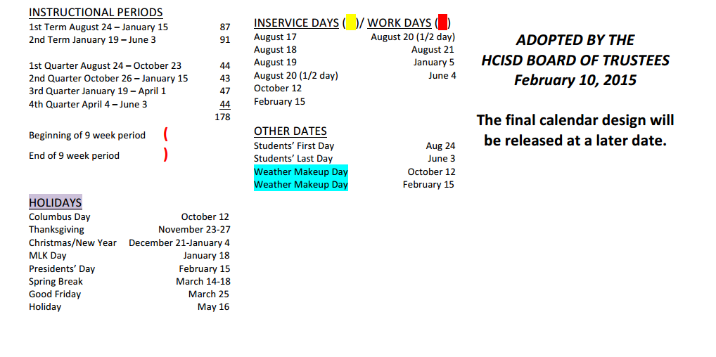 District School Academic Calendar Key for Long Elementary